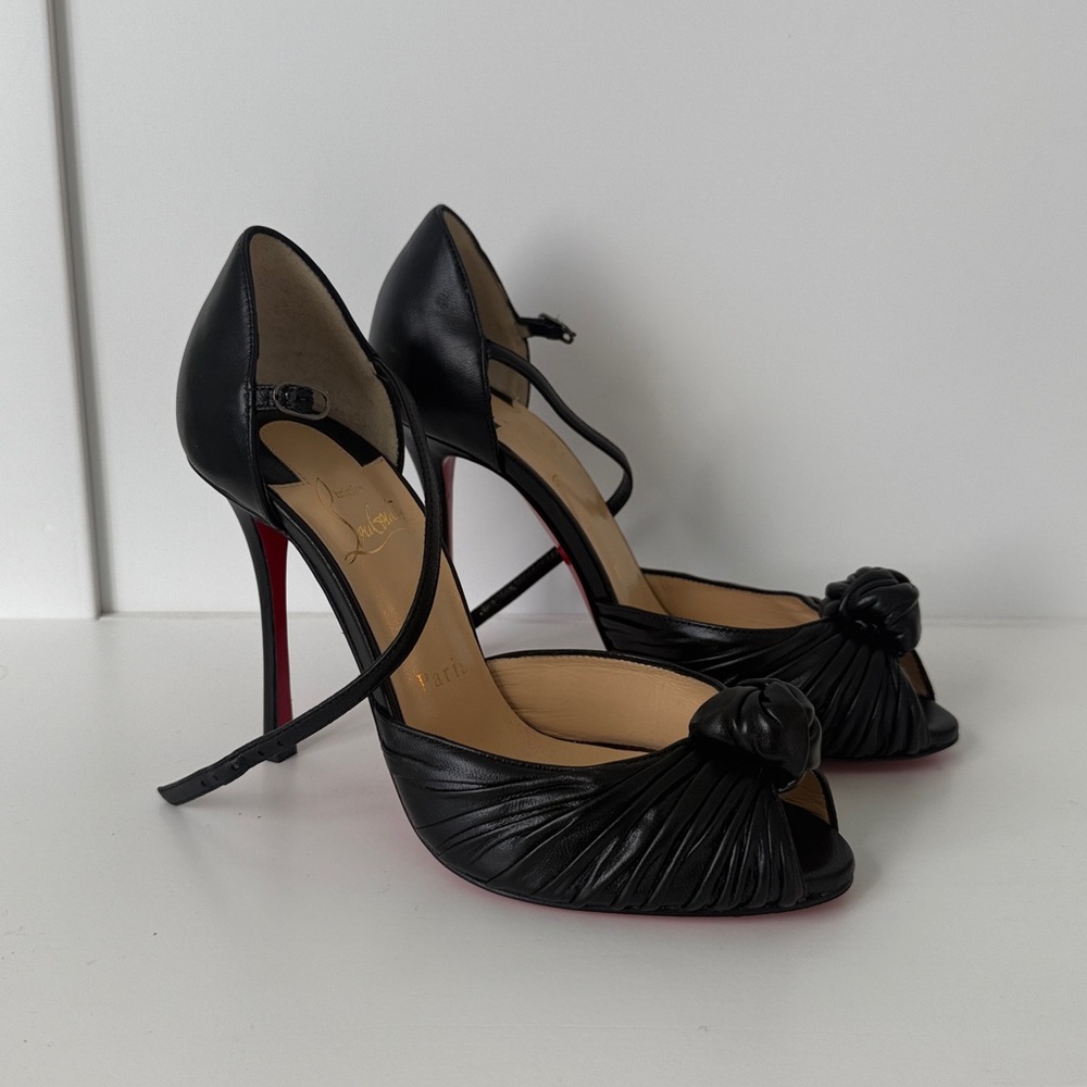 Never worn! Christian Louboutin Black Peep-Toe Heels with Signature Red Soles